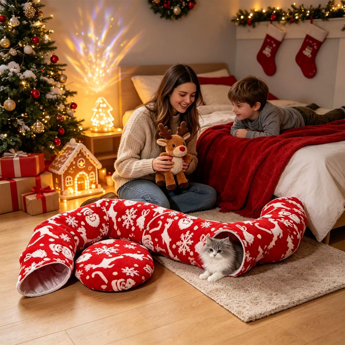Christmas Cat Tunnel Bed | Washable Donut Play Cave & Nest