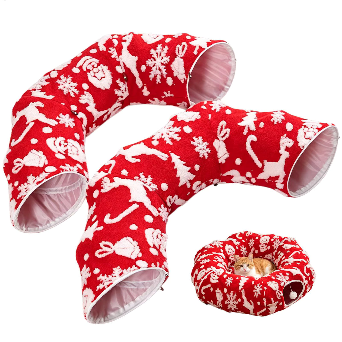 Christmas Cat Tunnel Bed | Washable Donut Play Cave & Nest