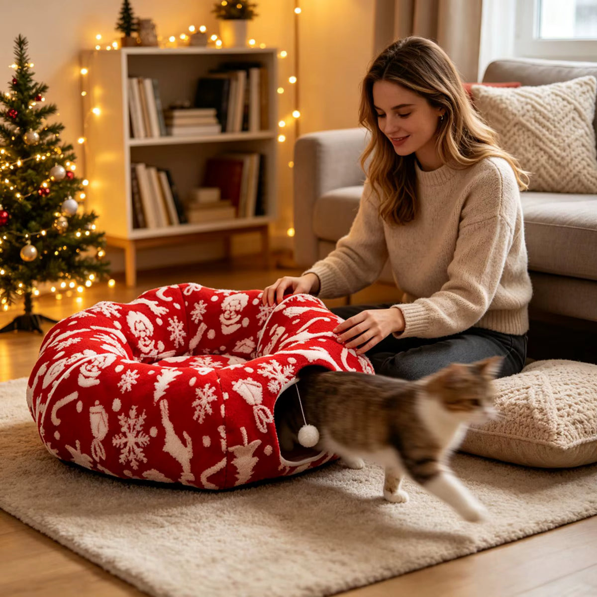 Christmas Cat Tunnel Bed | Washable Donut Play Cave & Nest