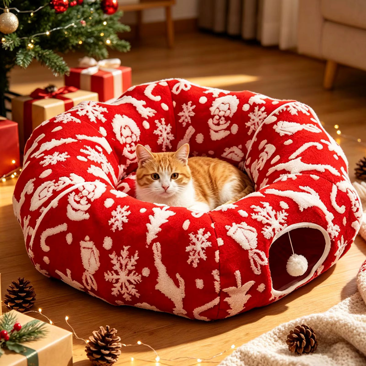Christmas Cat Tunnel Bed | Washable Donut Play Cave & Nest