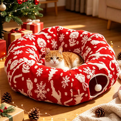 Christmas Cat Tunnel Bed | Washable Donut Play Cave & Nest