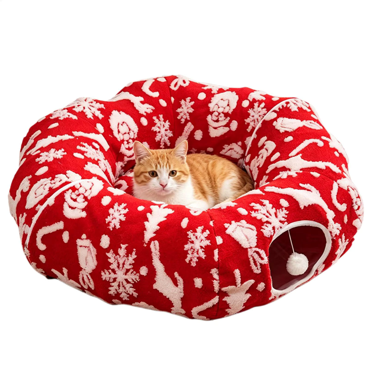 Christmas Cat Tunnel Bed | Washable Donut Play Cave & Nest