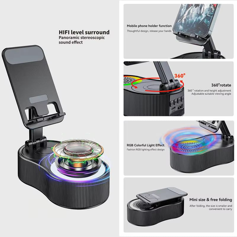 360° Rotating Phone Stand with Bluetooth Speaker & RGB Light