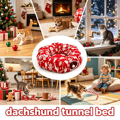 Christmas Cat Tunnel Bed | Washable Donut Play Cave & Nest