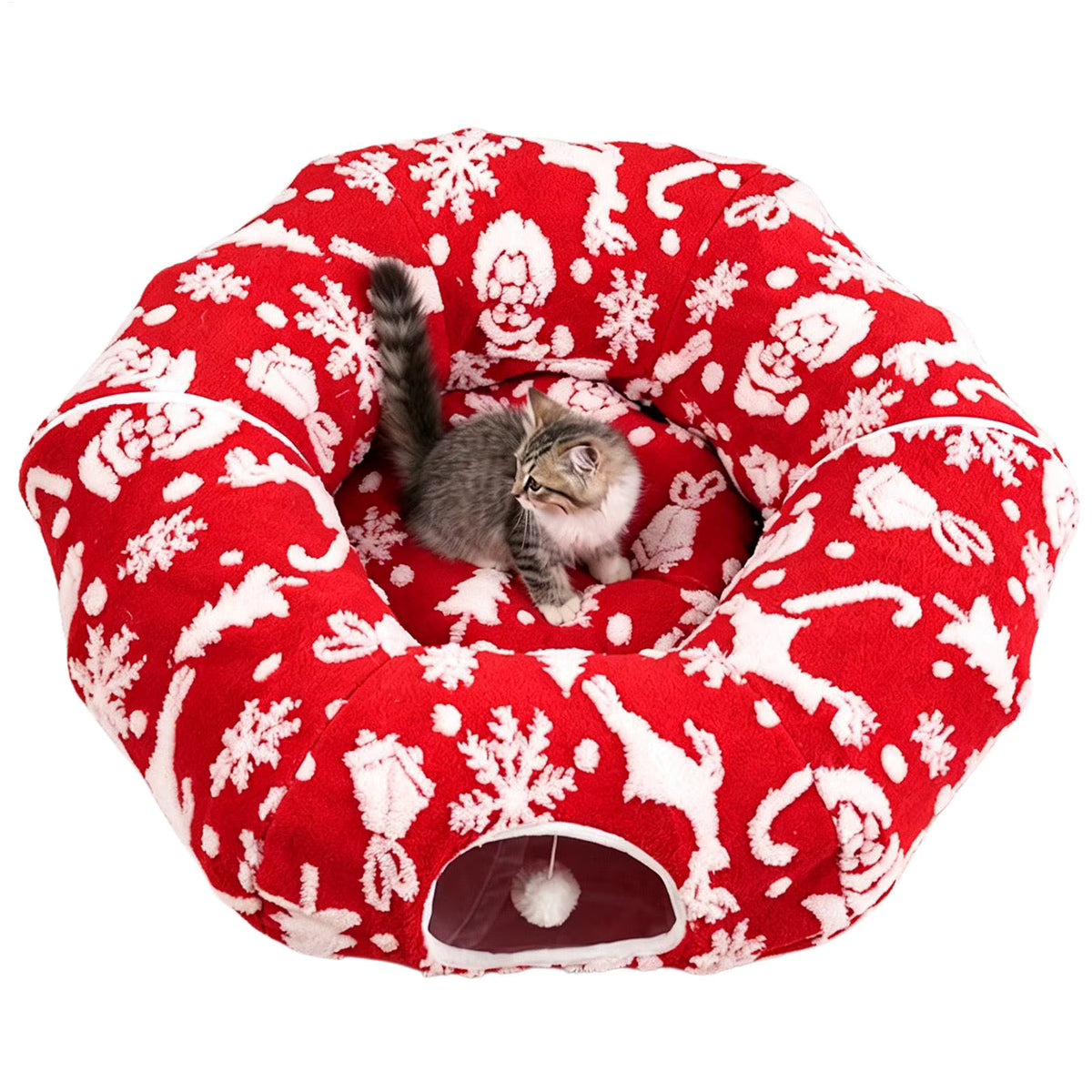 Christmas Cat Tunnel Bed | Washable Donut Play Cave & Nest