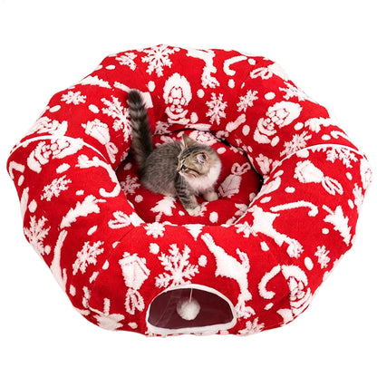 Christmas Cat Tunnel Bed | Washable Donut Play Cave & Nest