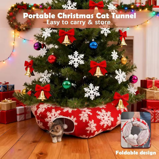 Christmas Cat Tunnel Bed | Washable Donut Play Cave & Nest