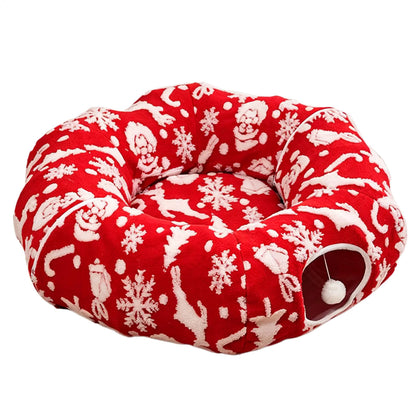 Christmas Cat Tunnel Bed | Washable Donut Play Cave & Nest