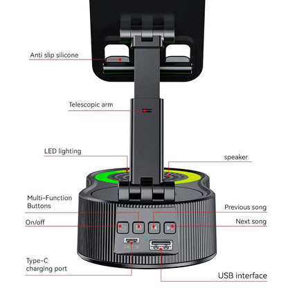 360° Rotating Phone Stand with Bluetooth Speaker & RGB Light